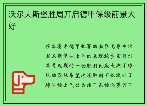 沃尔夫斯堡胜局开启德甲保级前景大好