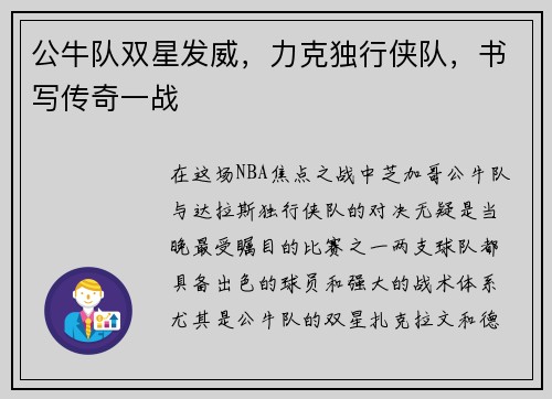 公牛队双星发威，力克独行侠队，书写传奇一战