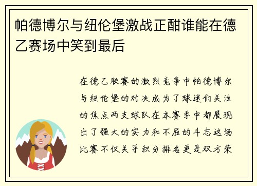 帕德博尔与纽伦堡激战正酣谁能在德乙赛场中笑到最后