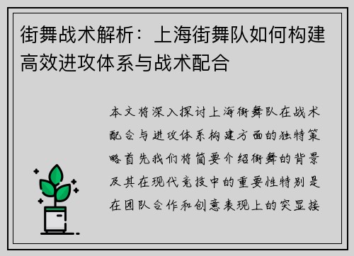 街舞战术解析：上海街舞队如何构建高效进攻体系与战术配合